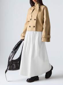 LYSMO Women's Khaki Tie Neck & Drop Shoulder Double Breasted Casual H-Line Trench Coat For Minimalist, Streetwear, Stockholm Style, 2025 Autumn Outerwear - Khaki - View 7