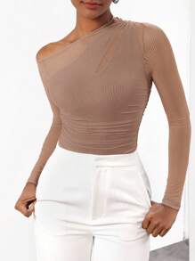 Cheerfulab Asymmetrical Keyhole Off-Shoulder Sheer Mesh Bodysuit Women Vacation Spring & Summer Beach - Khaki - View 4