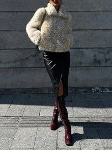 DAZY 女士宽松休闲人造毛皮夹克，豹纹街头风格优雅人造毛皮大衣冬季 - 米色 - 查看 11