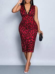 SOLERSUN 大码女式撞色蕾丝豹纹深 V 领灯笼袖修身中长连衣裙，优雅通勤、休闲约会、性感浪漫情人节、春夏时尚无袖节日派对 - 紅色 - 查看 4