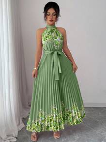 SHEIN Elenzya 女式夏季优雅花卉宽松露背连衣裙 - 軍綠色 - 查看 5