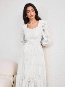 Modelyn Women's Long Embroidered Puff Sleeve Square Neck Elegant Romantic Dress, Light Yellow, Spring/Summer - White - View 5