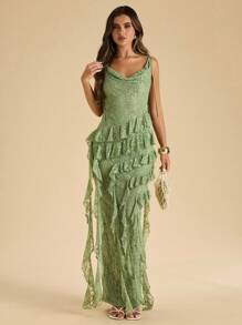 SHEIN BAE 秋季女装女士绿色细肩带露背荷叶边装饰 3D 花卉蕾丝连衣裙，鼠尾草绿色优雅女士蕾丝长裙，优雅节日连衣裙，返校连衣裙，女士婚礼宾客礼服，万圣节服装，女士生日服装 - 綠色 - 查看 7