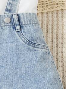 Young Girls 2 Pieces Set: Fashionable Playful White Cap Sleeve Blouse And Figure-Flattering Washed Denim Pinafore Skirt, Casual Everyday Wear, Spring/Autumn, Suitable For Little Girls Summer Outfits For Girls Clothes Set Girls Clothes Classic, School, Campus, College