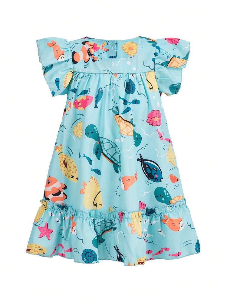 Young Girl Fish Print Ruffle Hem Dress,Holiday,Summer,Travel