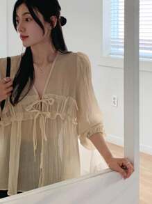 DAZY Women's V-Neck Loose Patchwork Frill Trim Front Tie Lantern Sleeve Blouse Long Sleeve Top