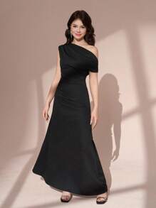 Pitira Pitira 少女黑色优雅不对称肩部褶饰腰部修身 A 字裙，适合节日、派对、农历新年、聚会、返校季 - 黑色 - 查看 7