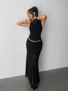 Elenzga Women's Elegant Fitted Mock Neck Organza Patchwork Hem Sweater Dress