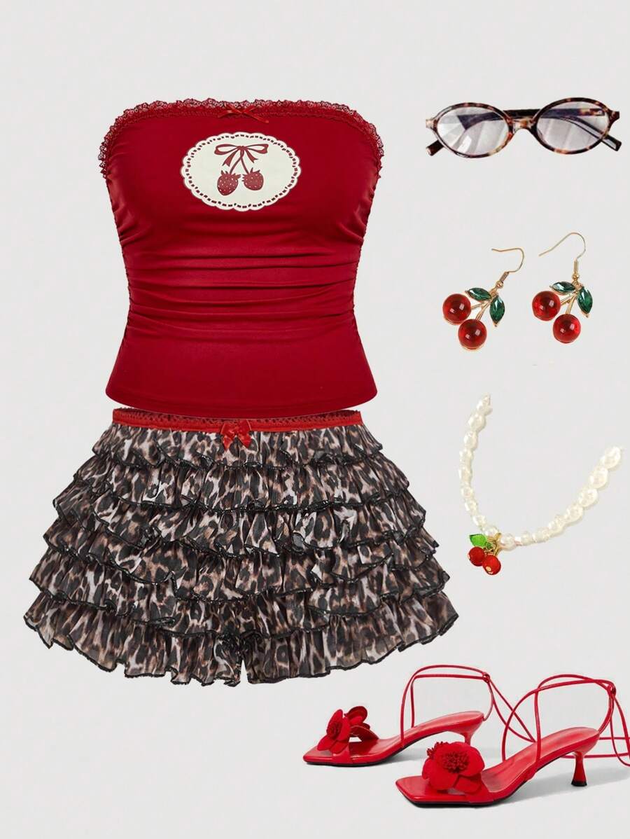 SHEIN MOD Top halter de verano con estampado de cerezas para tallas grandes, top tubo rojo sin tirantes estilo Y2K para fiestas