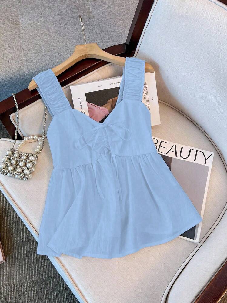 Franclia Camiseta holgada con lazo decorativo para mujer, ropa para la universidad - Azul - Añade 6