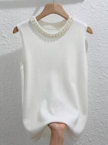 INAWLY 人造珍珠串珠毛衣背心 - 白色 - 查看 3