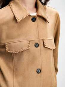SHEIN LUNE Fashionable Casual Retro Suede Short Jacket, Casual Spring For University Fall - Khaki - View 3