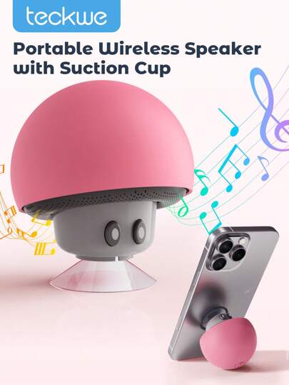 Teckwe 1pc Mushroom Shaped Portable Wireless Stereo Speaker,Builtin Microphone For HandsFree Calling, Mobile Phone Holder Function, Suction Cup Stand, Button Control, USB Rechargeable Battery, Compact Wireless Subwoofer For Smartphone/Tablet, For Travel And Outdoor Use, Pink