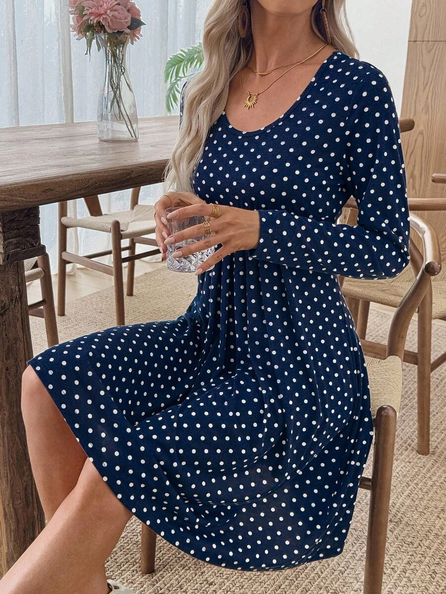 SHEIN LUNE Women's Navy Blue Polka Dot Short Dress,Elegant Autumn Casual Everyday Work Dresses For Women,Office Outfits,Birthday Modest Autumn Winter Clothes - Navy Blue - View 1