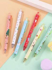 SHEIN 12PCS Cartoon Christmas Gel Pen Retractable Printing Pens Santa Claus Christmas Trees Snowman Elk Black Ink For School Office Boys Girls Back To School - Multicolor - View 3