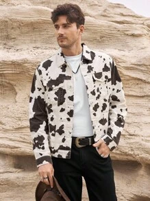 RivetRise Men's Asymmetrical Cow Print Denim Jacket, Fashionable Casual Outerwear , Fall
