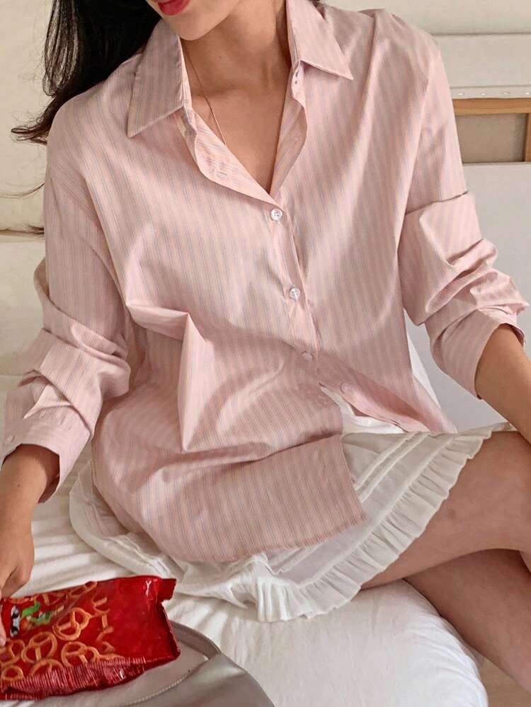 Women's Loose Striped Long Sleeve Single-Breasted Casual Shirt