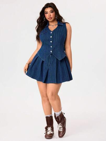 Rivivi 大码女式条纹前扣褶边无袖牛仔连衣裙