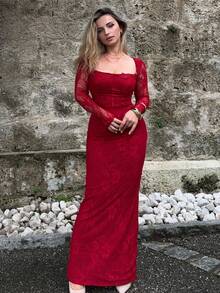 Jeta Ari 女士新款秋冬派对约会夜性感 S 形蕾丝长袖胸罩杯鱼骨方领紧身连衣裙，黑色 - 酒紅色 - 查看 1