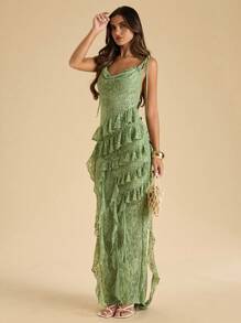 SHEIN BAE 秋季女装女士绿色细肩带露背荷叶边装饰 3D 花卉蕾丝连衣裙，鼠尾草绿色优雅女士蕾丝长裙，优雅节日连衣裙，返校连衣裙，女士婚礼宾客礼服，万圣节服装，女士生日服装 - 綠色 - 查看 5