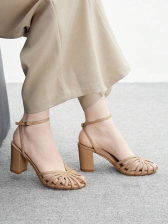 CUCCOO BIZCHIC Women's Peep Toe Chunky Heel Buckle Decor Hollow Weave Elegant High Heel Sandals, Apricot Color