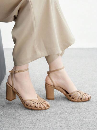 CUCCOO BIZCHIC Women's Peep Toe Chunky Heel Buckle Decor Hollow Weave Elegant High Heel Sandals, Apricot Color For Christmas