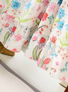 女童优雅印花圆领荷叶袖露背蝴蝶结装饰腰部荷叶边下摆休闲时尚连衣裙，适合度假旅行，夏季女童蝴蝶结连衣裙 - 紅色 - 查看 7