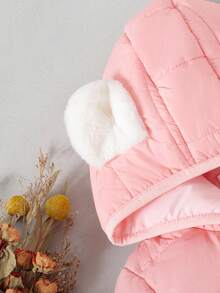 SHEIN 年轻女孩可爱连帽设计厚棉衣配围巾，冬季时尚棉衣 - 粉色 - 查看 6
