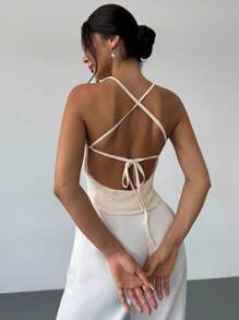 Firerie Áo hai dây buộc chéo hở lưng cổ thấp họa tiết thanh lịch, thời trang dành cho nữ, tiệc tùng hàng ngày, ngày lễ, màu mơ, xuân/hè, bãi biển, đi làm, thanh lịch, gợi cảm, kỳ nghỉ, bãi biển, bohemian, Hawaii, lễ hội âm nhạc, trang phục công sở, áo buộc phía trước - Màu be - Xem 5