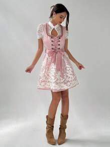 Aloruh 2025 新款啤酒节连衣裙巴伐利亚啤酒节传统服装粉色连衣裙女士蕾丝连衣裙啤酒节连衣裙女式波尔卡圆点印花拼布花卉刺绣网眼下摆无袖优雅连衣裙 - 粉色 - 查看 2