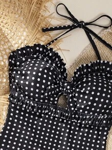 Swim Mod Women's Summer New Seaside Swimming Fashionable Vacation Sweet Black & White Polka Dot Print Cute Ruffle One-Piece Swimsuit - Black and White - View 4