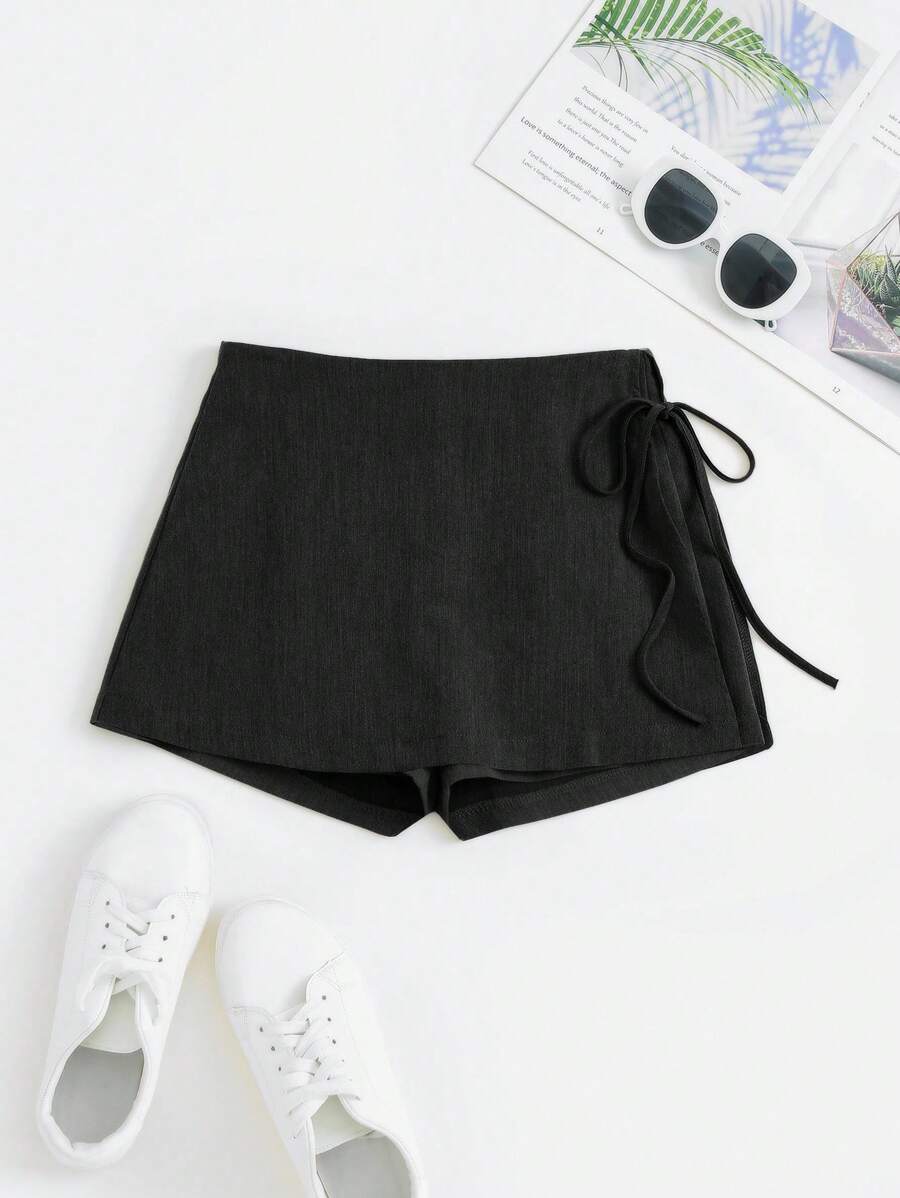 Sweetra 法国秋季新品简约时尚舒适修身淑女优雅系带女士短裤 - 黑色 - 查看 1