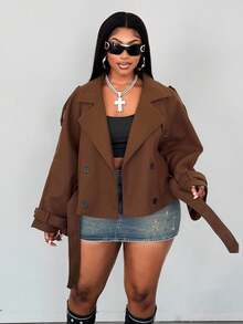 Maweii 大码棕色翻领系腰长袖休闲短外套，适合通勤，秋冬季女装 - 咖啡棕 - 查看 2