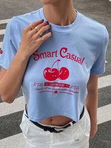 DAZY Women's Casual Slogan Print Cropped T-Shirt, Summer - Blue - View 1