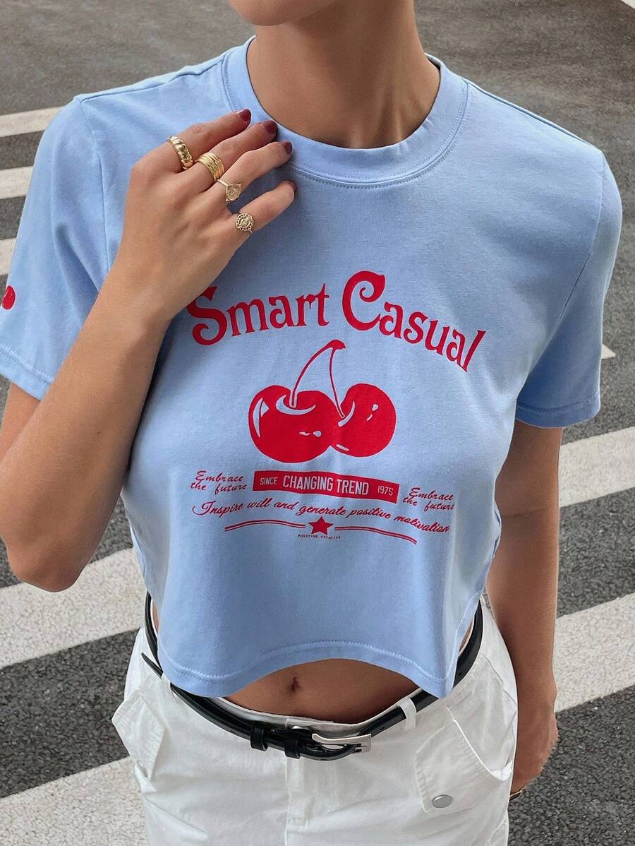 DAZY Women's Casual Slogan Print Cropped T-Shirt, Summer - Blue - View 1