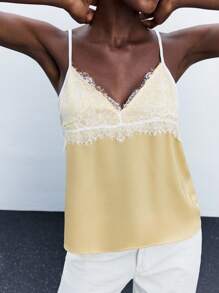 Maija Yellow Spaghetti Strap Cami With Lace Detail And Plant-Inspired Pattern,Fall Women Clothes,Halloween,Autumn, Christmas Women's Clothing  Christmas Pajamas Family