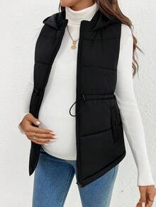 SHEIN 秋装，秋季服装，孕妇秋装，抽绳腰带拉链连帽背心黑色孕妇休闲外套 - 黑色 - 查看 3