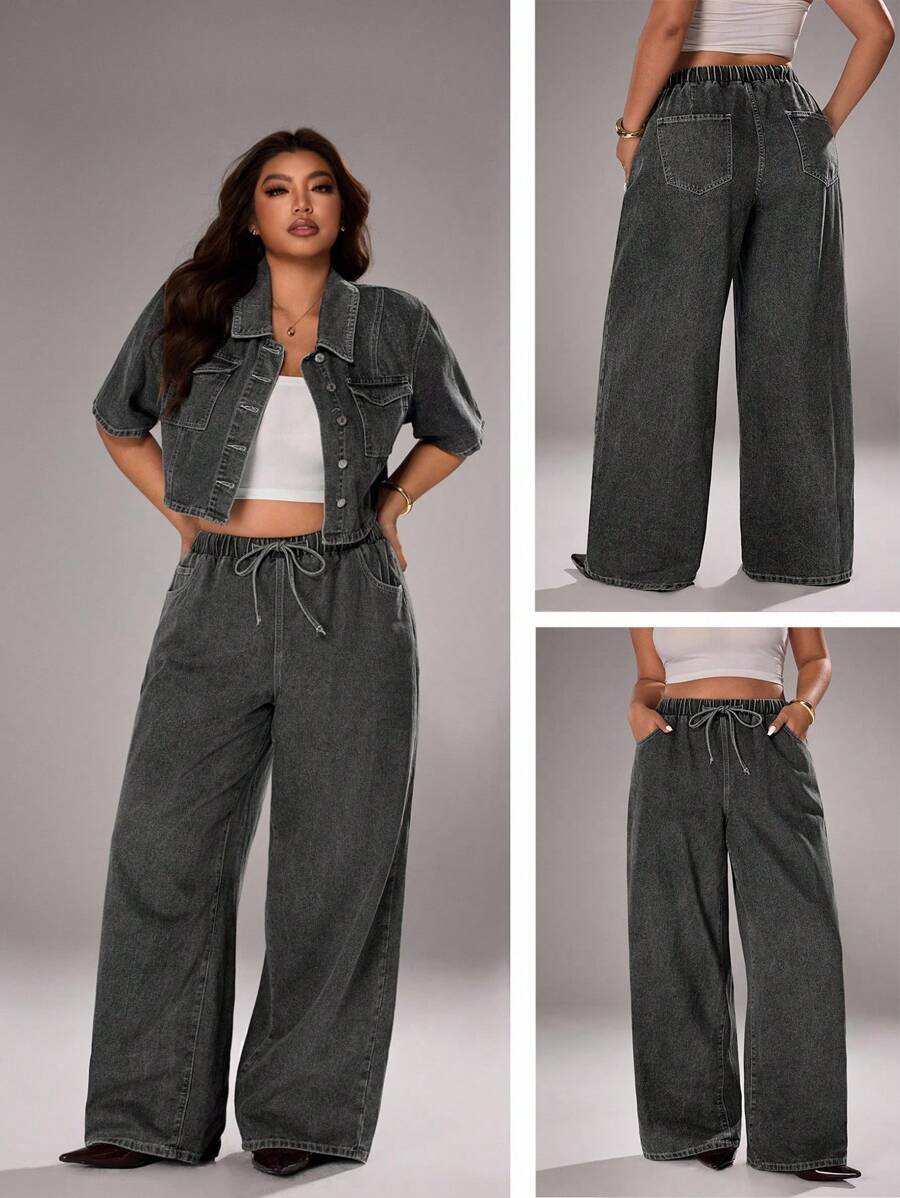 SHEIN ICON 大码女式短袖单排扣时尚水洗深色牛仔夹克 - 灰色 - 查看 1