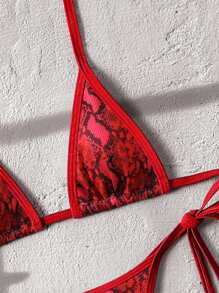 Swim Vcay 2pcs/Set Random Print Ribbed Texture Halter Micro Triangle Bra And Side Tie Thong Sexy Bikini Set For Summer Beach Vacation