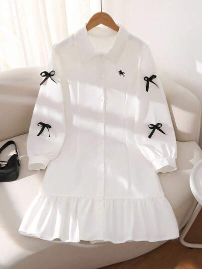 Women's White Shirt Dress, Featuring Collegiate Style With Puff Sleeves, Embroidered Collar, And Black Bow Accent At Sleeves. Ruffled Hem Design Adds A Sweet And Elegant Touch, Suitable For Casual, Dating And Other Occasions, Suitable For Spring, Autumn And Winter Wear Fall Cloth For Women