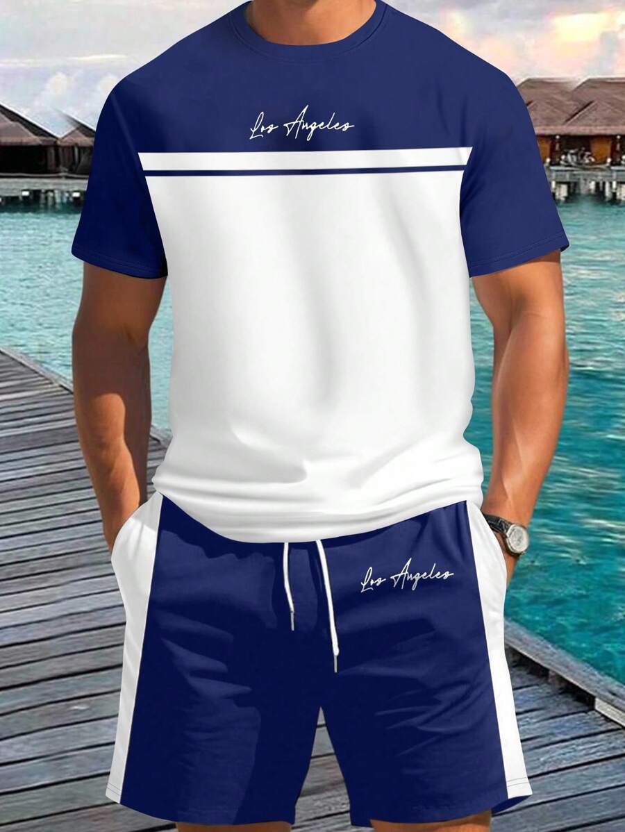 Manfinity Homme Men's Letter Print Round Neck Short Sleeve Casual T-Shirt And Drawstring Waist Shorts Set Men Two Piece Casual Short Sets - Multicolor - View 1