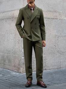 Calvornis Bộ quần áo vest nam cổ đứng màu trơn đơn giản cài hai hàng khuy và áo khoác - Màu xanh Ô liu - Xem 5