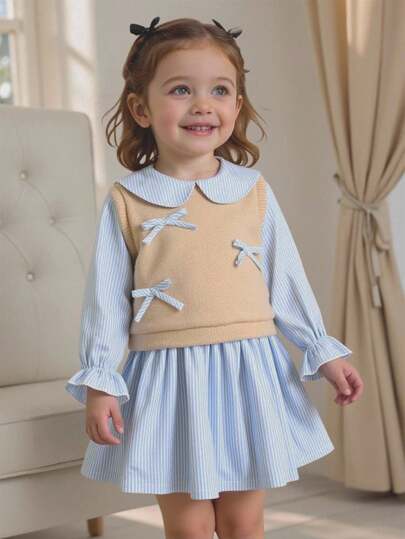 Souflis Souflis Baby Girl Simple Pinafore Dress With Bow Decor, Striped Long Sleeve Dress, Apricot, Suitable For Spring & Autumn Fall Winter