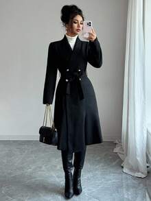 Elenzga 女士休闲及商务百搭长袖大衣，秋冬 - 黑色 - 查看 5