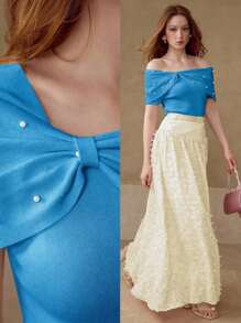 MOTF PREMIUM 仿珍珠细节褶饰针织上衣 - 藍色 - 查看 1