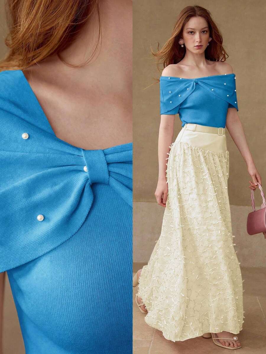 MOTF PREMIUM 仿珍珠细节褶饰针织上衣 - 藍色 - 查看 1