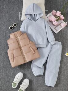 3pcs/Set Young Girls Casual Solid Color Hoodie Sweatshirt,Loose Sweatpants&Sleeveless Zipper Vest,Back-To-School School Autumn Winter Clothes Outfits - Multicolor - View 1