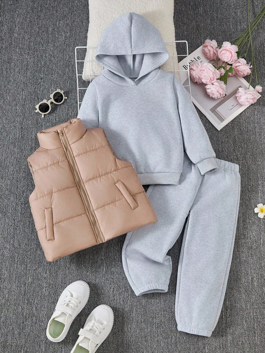 3pcs/Set Young Girls Casual Solid Color Hoodie Sweatshirt,Loose Sweatpants&Sleeveless Zipper Vest,Back-To-School School Autumn Winter Clothes Outfits - Multicolor - View 1