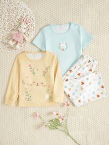 Bộ 3 món đồ mặc nhà in hình thỏ và trái tim dễ thương cho bé gái, áo cổ tròn dài tay + áo tay ngắn + quần - Nhiều màu - Xem 9