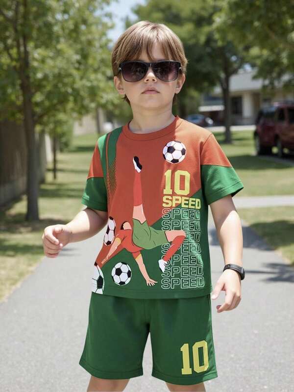 Young Boy Color Block Person & Football Print T-Shirt And Shorts Set